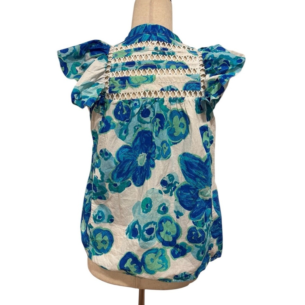 ALIVIA JOMARIE TOP Ruffle Sleeves White Blue Floral Size L 100% Cotton Whimsy - Picture 2 of 5